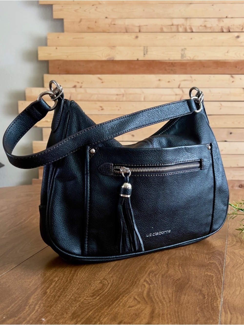 Liz Claiborne Black Faux Leather Zip Silver Hardware Tassel Hobo Shoulder Bag